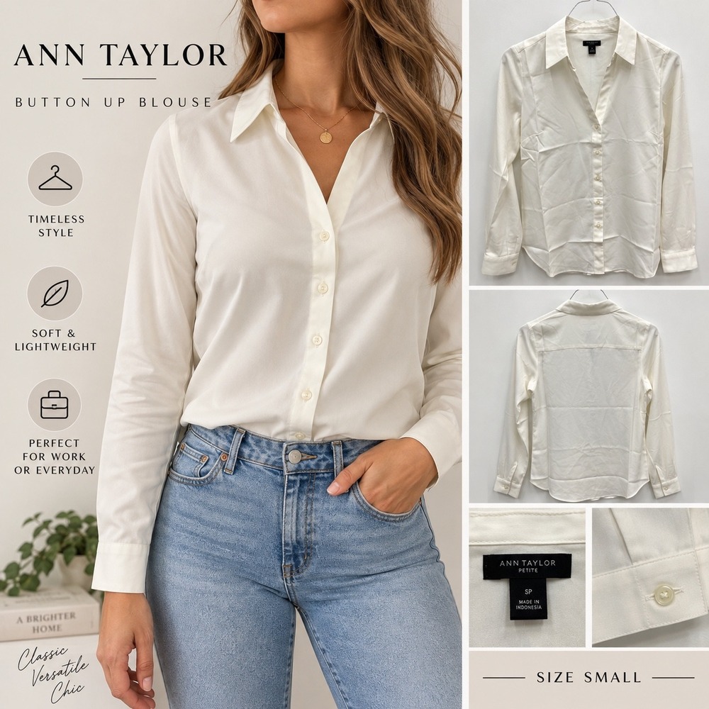 Ann Taylor Petite Small Ivory Button Up Blouse Long Sleeve Workwear Top NEW